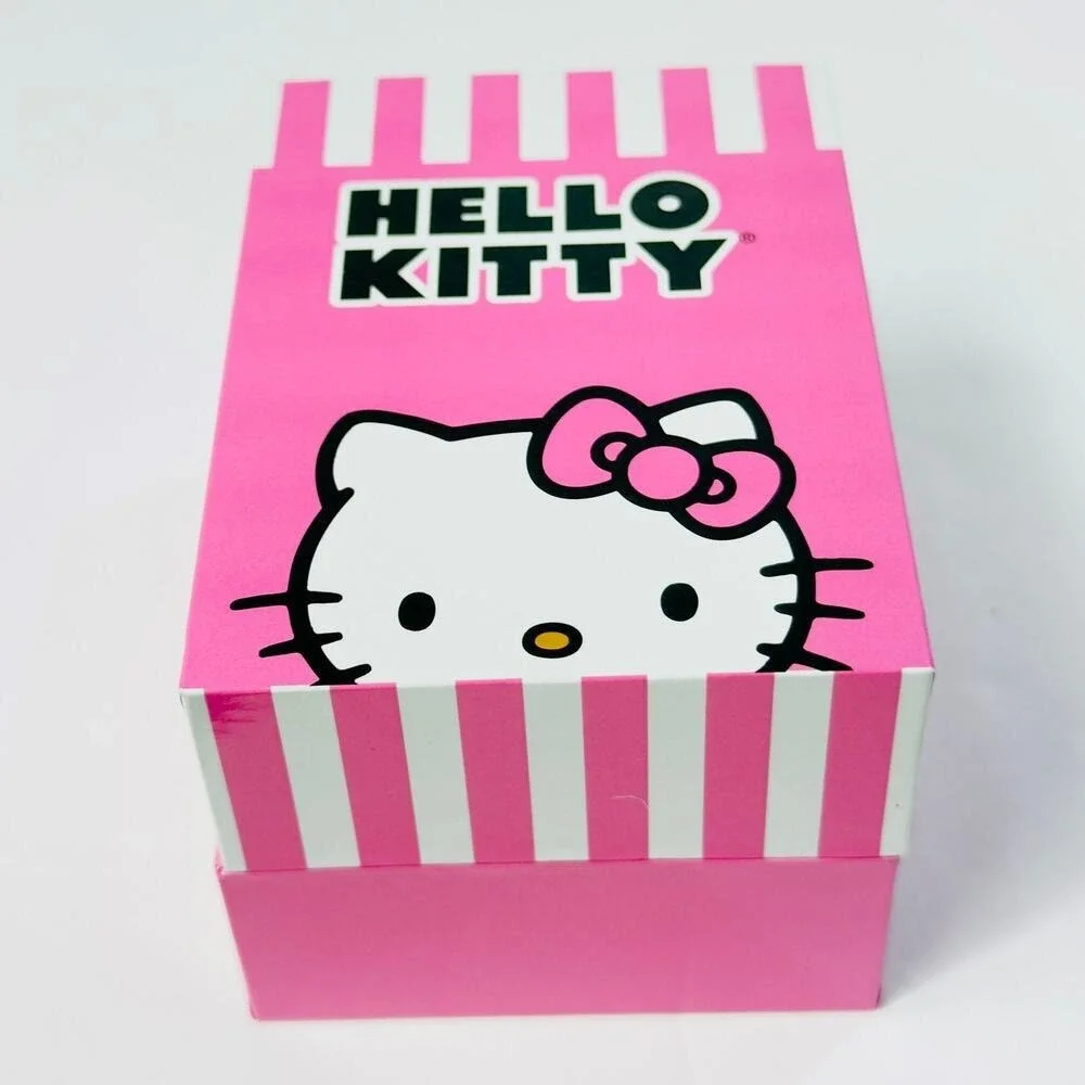 HELLO KITTY Watch Charms Silver Crystal‎ Bezel Kitty Black Leather Strap Y2K
